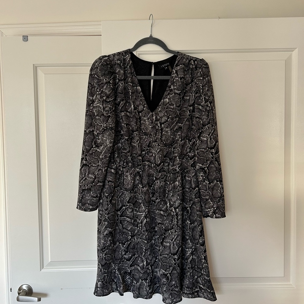 1. State Black and Gray Patterned Long Sleeve Dress